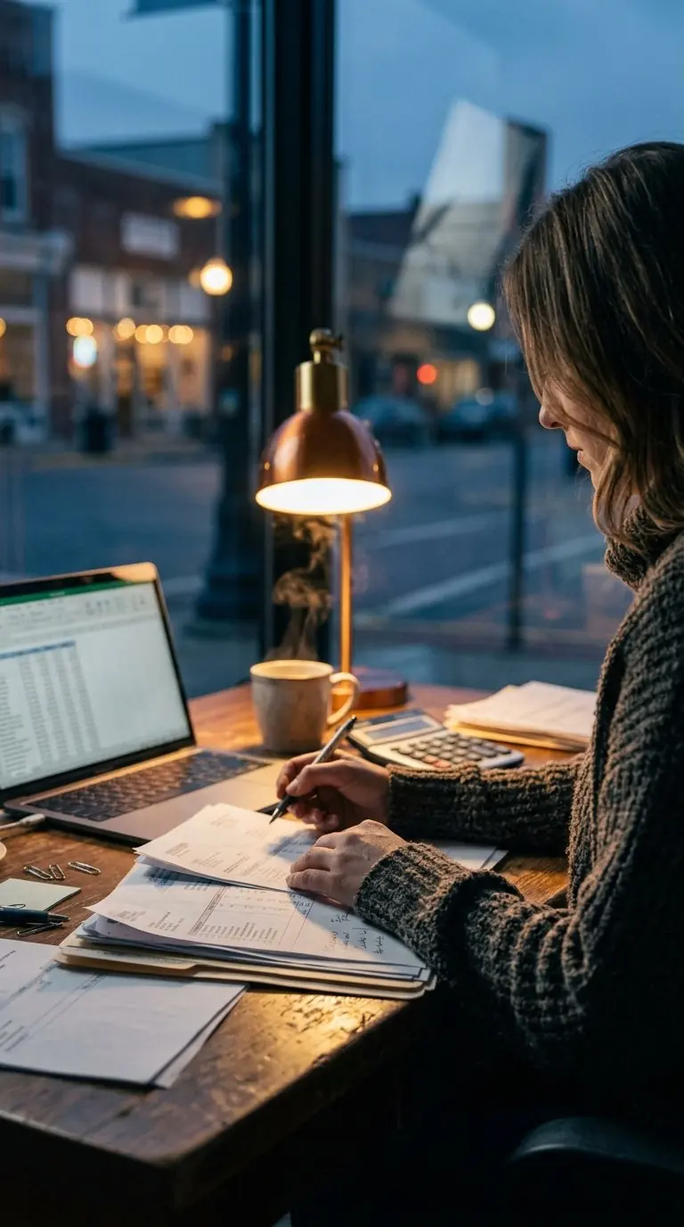 An accountant working at a desk by the window