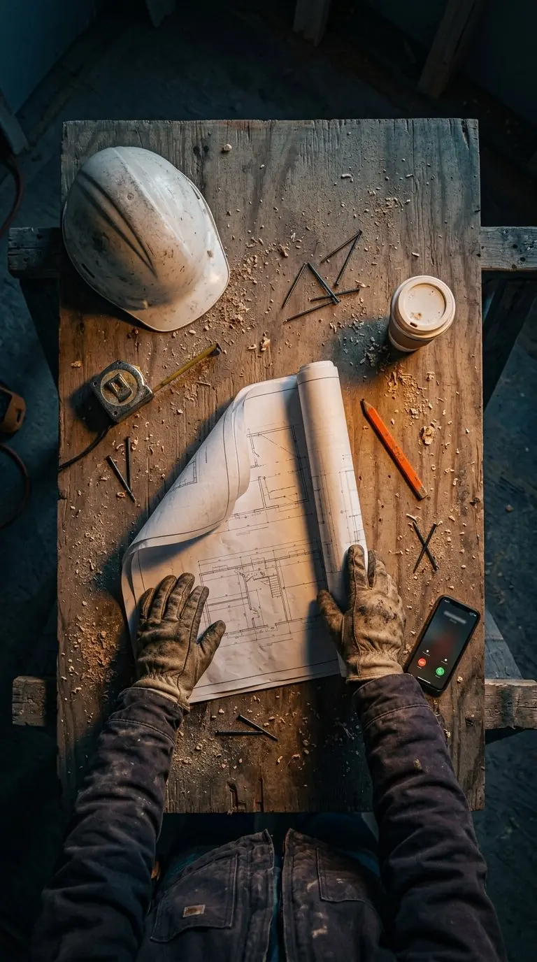 A contractor’s hands on renovation plans, seen from above