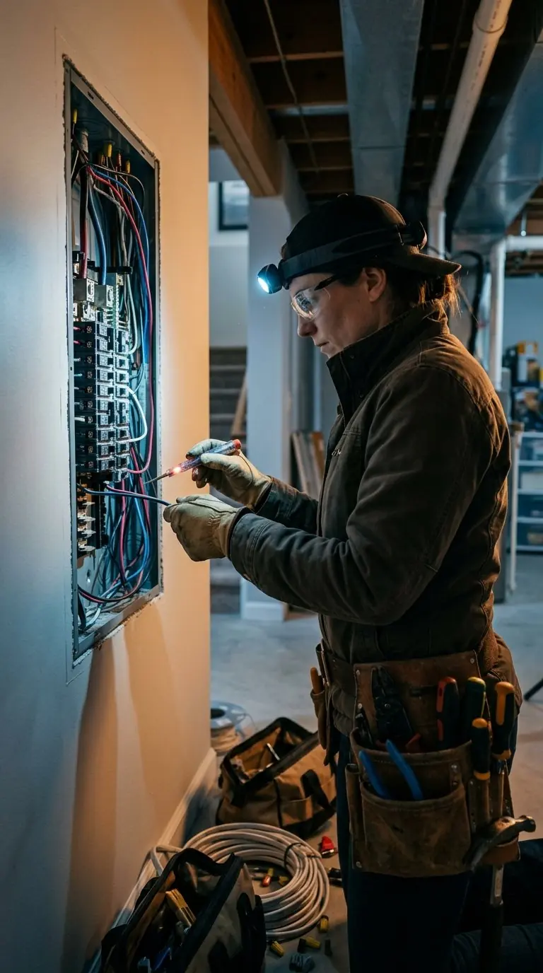 An electrician working on a breaker panel
