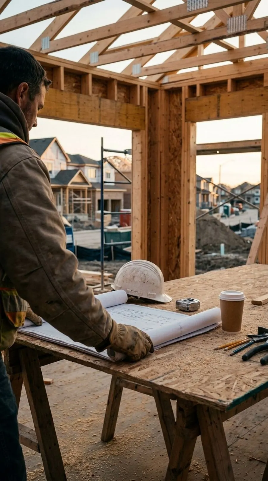 A home builder reviewing plans on site
