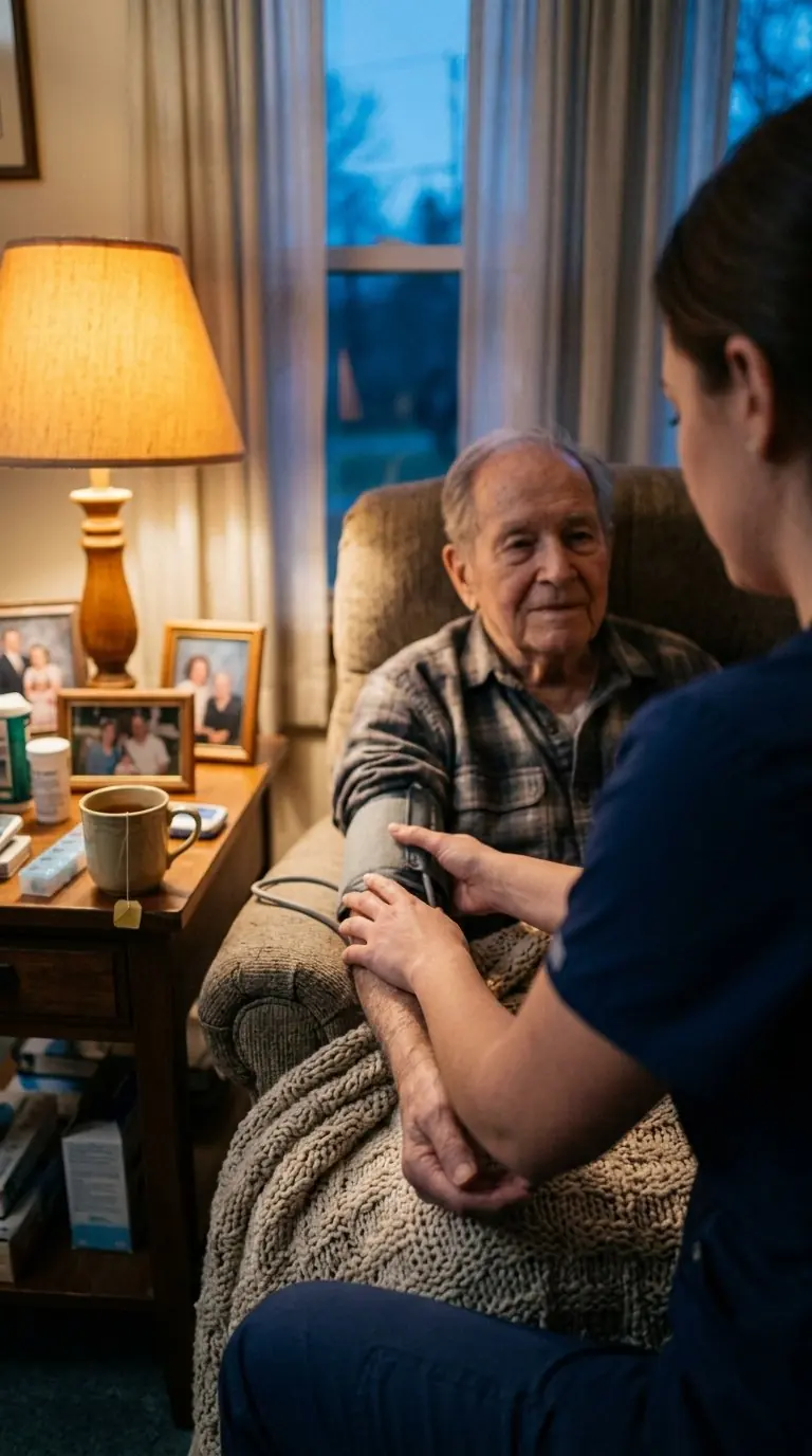 A caregiver checking in with an older man at home