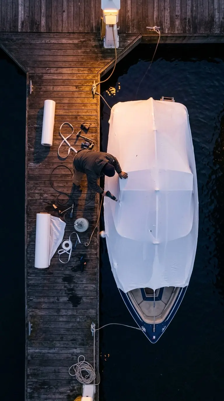 A boat being shrink-wrapped at the dock, seen from above