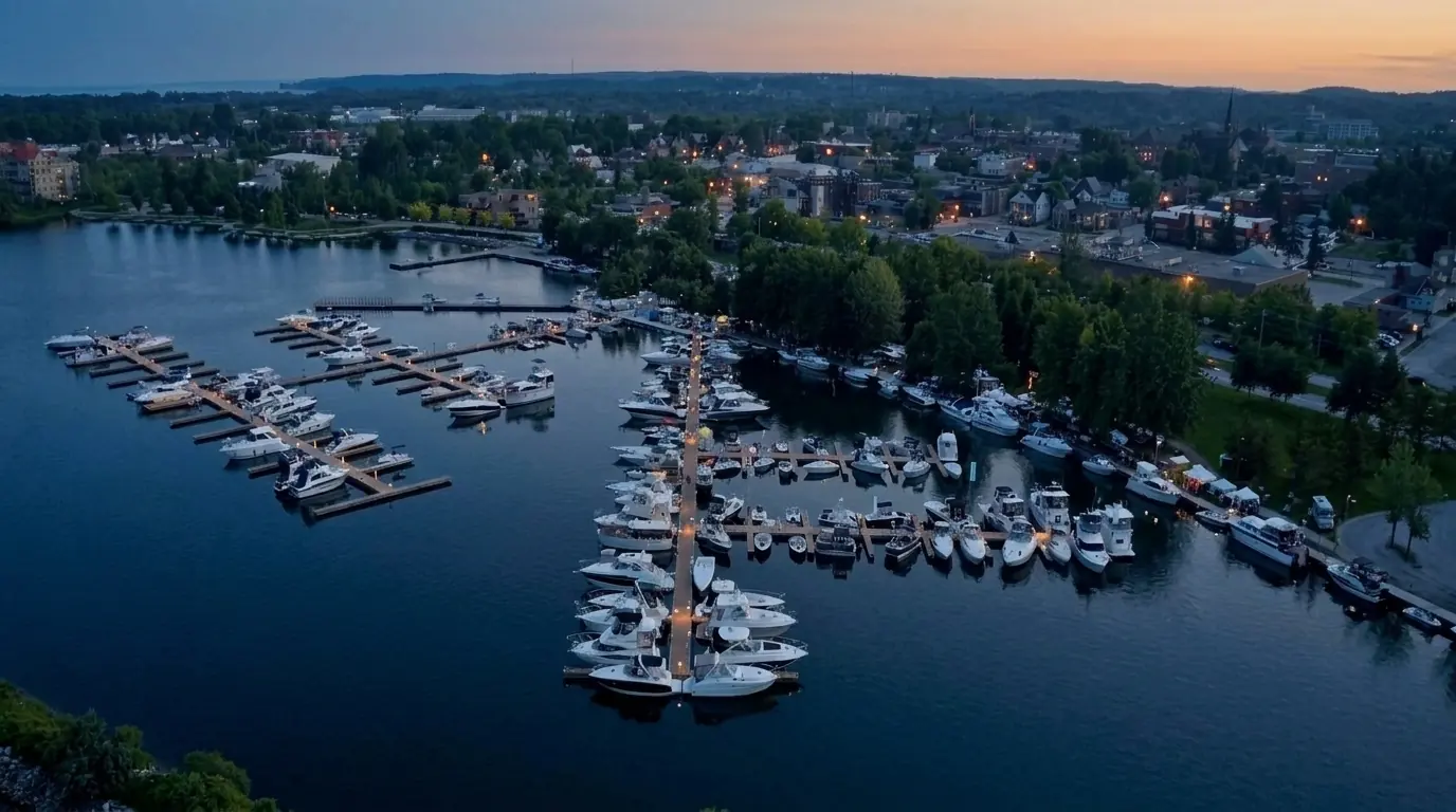 Aerial view of the Port of Orillia marina at dusk
